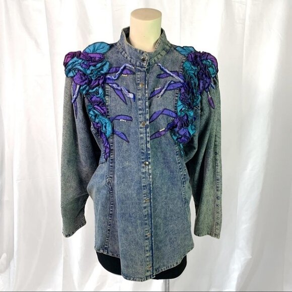 VINTAGE 80s JEANS JACKET WITH PURPLE RUFFLE BEADED DESIGN FRONT SNAP WOMEN LARGE - Picture 5 of 9